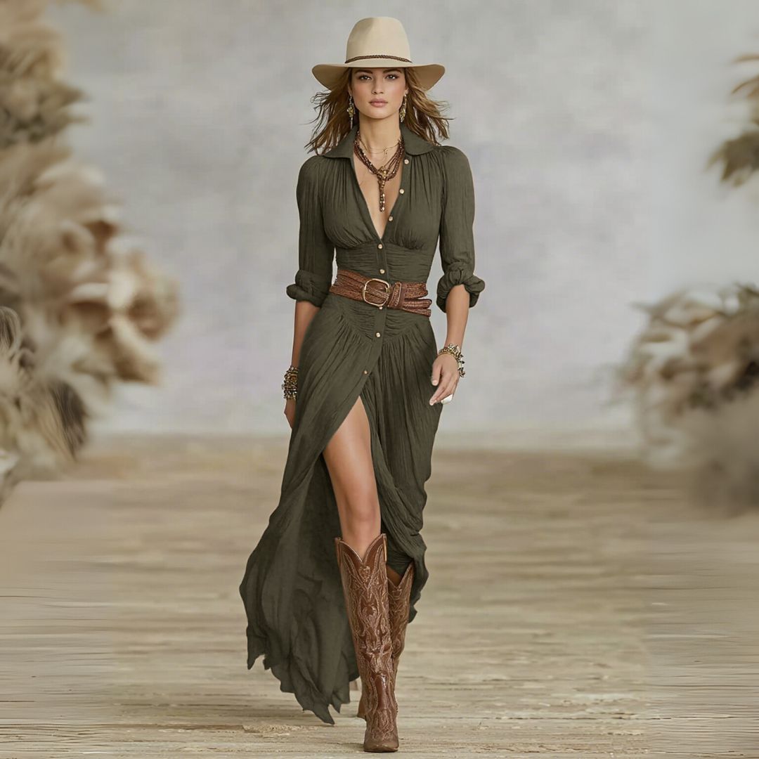 Elegant Long Sleeve V-Neck Maxi Dress
