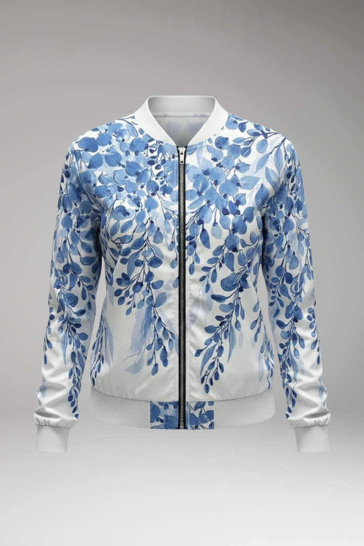 Women's Floral Bomber Jacket Zip Ribbed Hem - VibreMode
