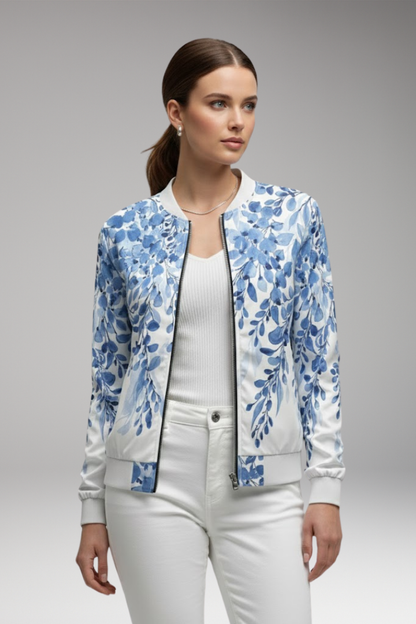 Women's Floral Bomber Jacket Zip Ribbed Hem