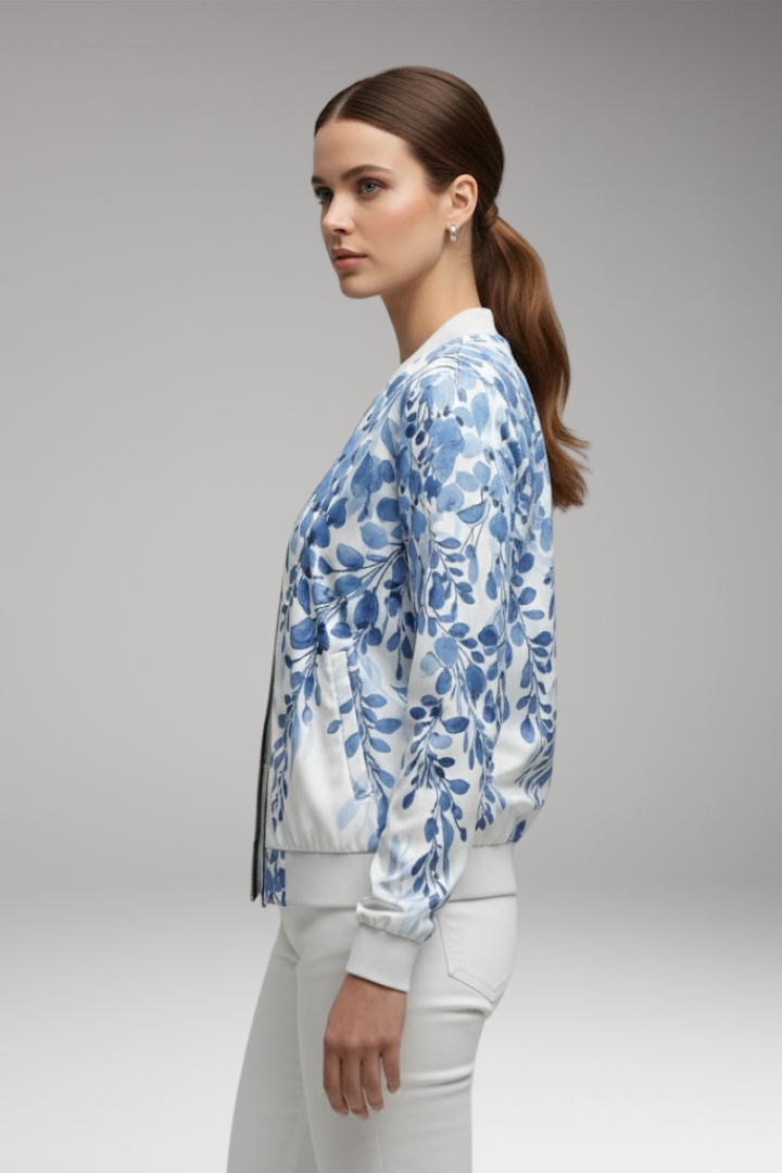 Women's Floral Bomber Jacket Zip Ribbed Hem