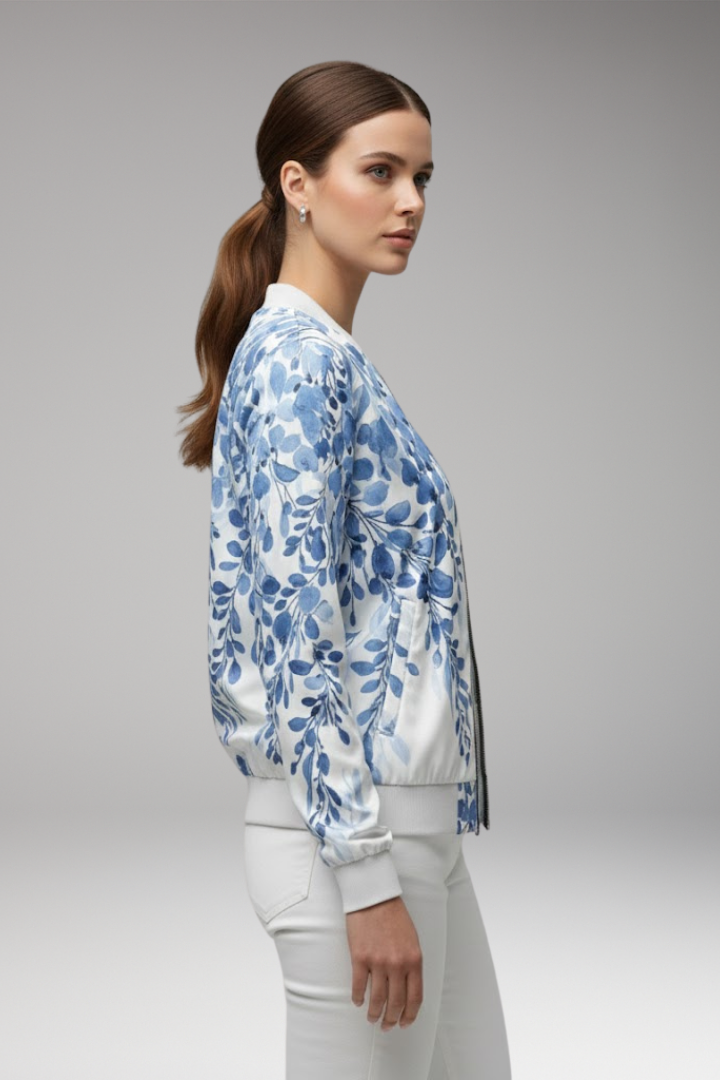 Women's Floral Bomber Jacket Zip Ribbed Hem