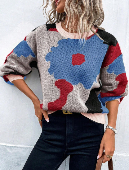 Women's Patterned Knit Sweater Round Neck Balloon Sleeves