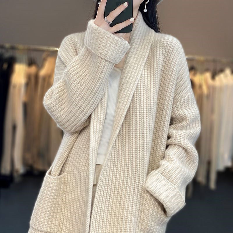 Women's Wool Blend Cardigan Oversized V-Neck Long Sleeve