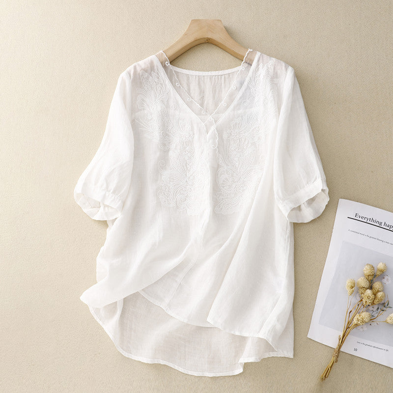 Women's Linen Blend Short Sleeve Blouse Embroidered V-Neck