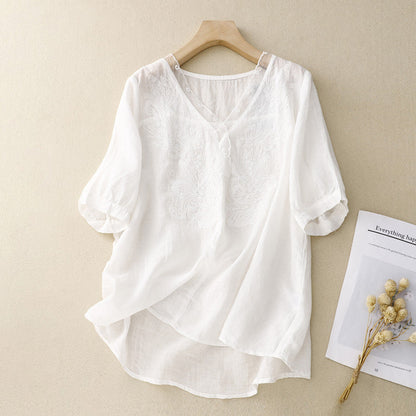 Women's Linen Blend Short Sleeve Blouse Embroidered V-Neck