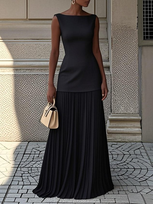 Women's Sleeveless Maxi Dress Pleated Skirt