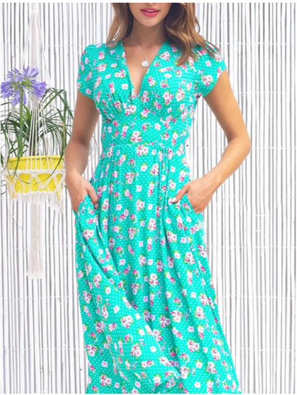 Women's V-Neck Midi Dress Short Sleeves