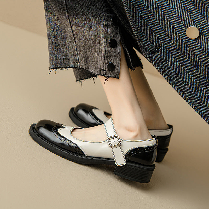 Women's Leather Mary Jane Shoes Two-Tone Low Heel