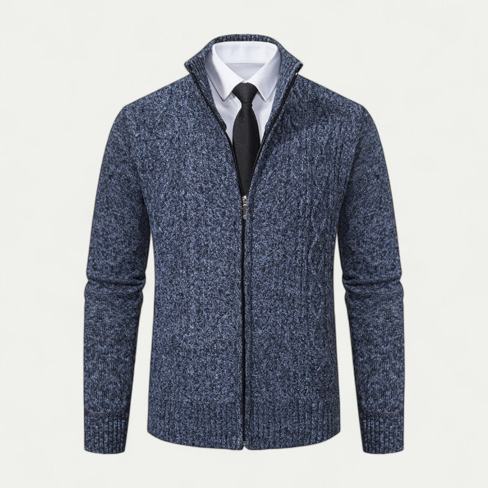 Men's Cable-Knit Zip-Up Cardigan Ribbed Hem High Collar