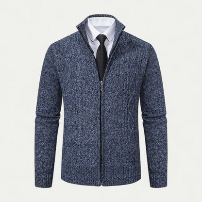 Men's Cable-Knit Zip-Up Cardigan Ribbed Hem High Collar