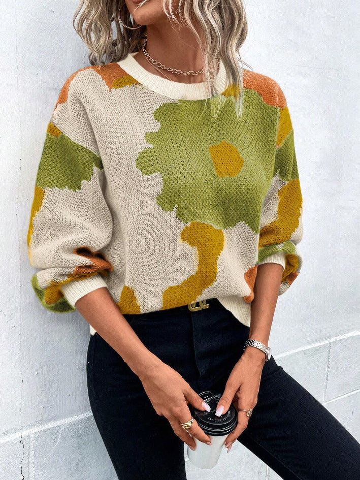 Women's Patterned Knit Sweater Round Neck Balloon Sleeves