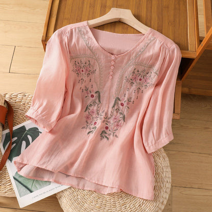 Women's Embroidered Blouse Button Front