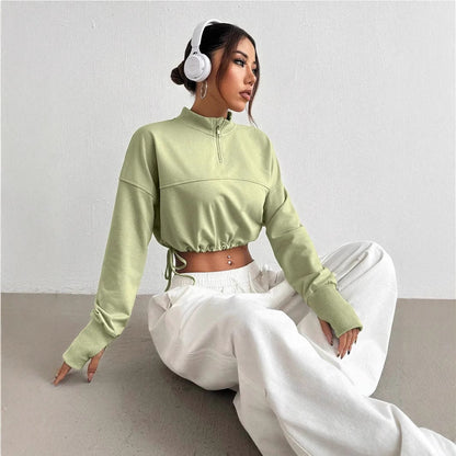 Women's Cropped Zip Neck Sweatshirt Balloon Sleeves