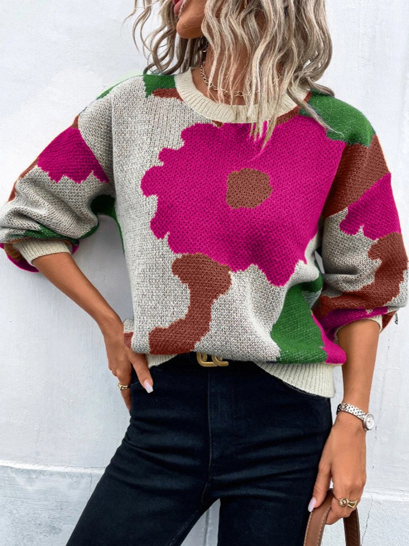 Women's Patterned Knit Sweater Round Neck Balloon Sleeves - VibreMode