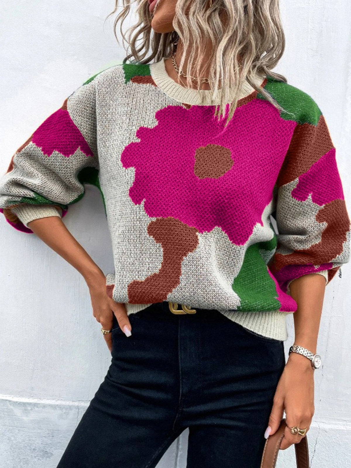 Women's Patterned Knit Sweater Round Neck Balloon Sleeves - VibreMode