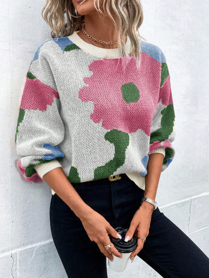 Women's Patterned Knit Sweater Round Neck Balloon Sleeves