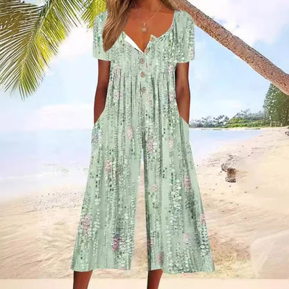 Tropical Leaf Print V-Neck Jumpsuit for Women
