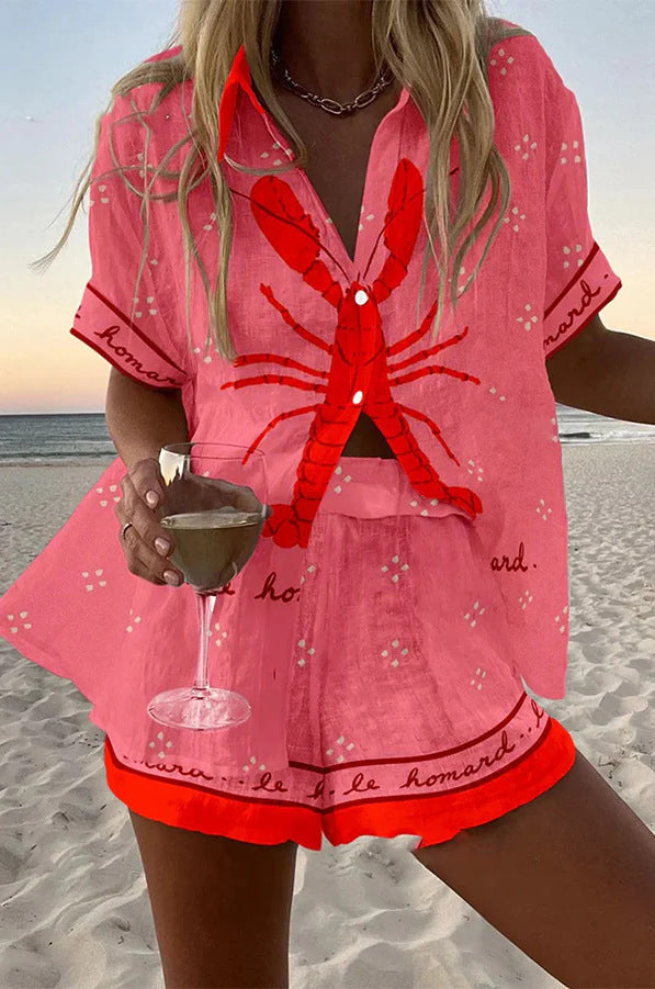 Women's Two Piece Set Button Up Shirt And Shorts - VibreMode