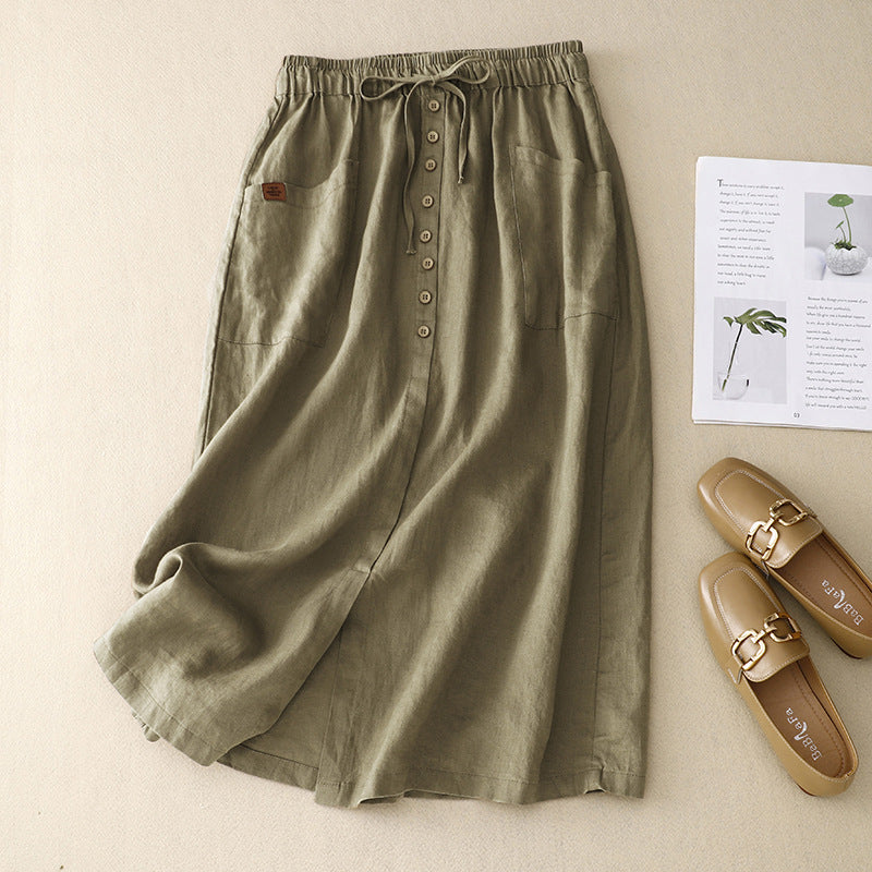 Women's Linen Midi Skirt Button Front with Pockets - VibreMode