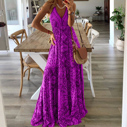 Women's Elegant V Neck Flowy Maxi Dress