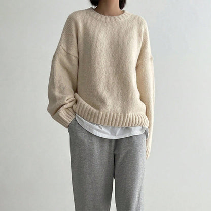 Women's Oversized Knit Sweater Crew Neck Ribbed Trim