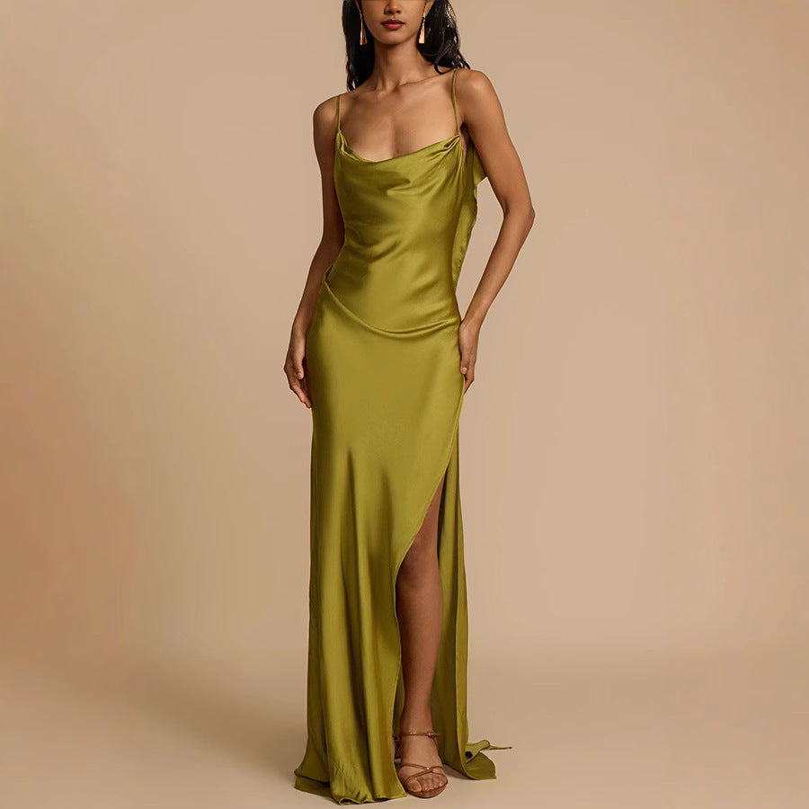 Women's Elegant Full Length Slip Dress Cowl Neck Black - VibreMode