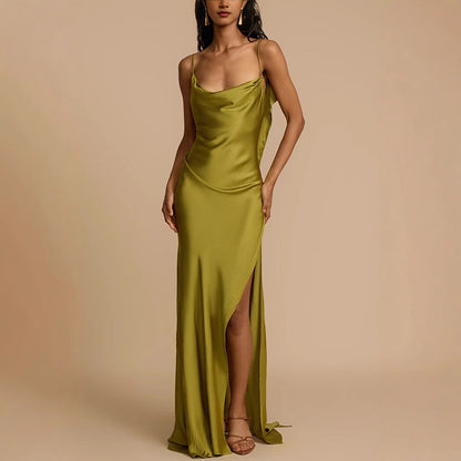 Women's Elegant Full Length Slip Dress Cowl Neck Black - VibreMode