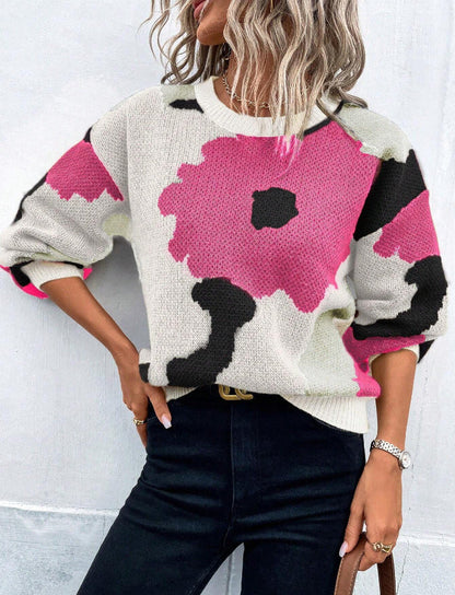 Women's Patterned Knit Sweater Round Neck Balloon Sleeves