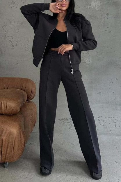 Women's Zipper Jacket And Wide Leg Pants Set