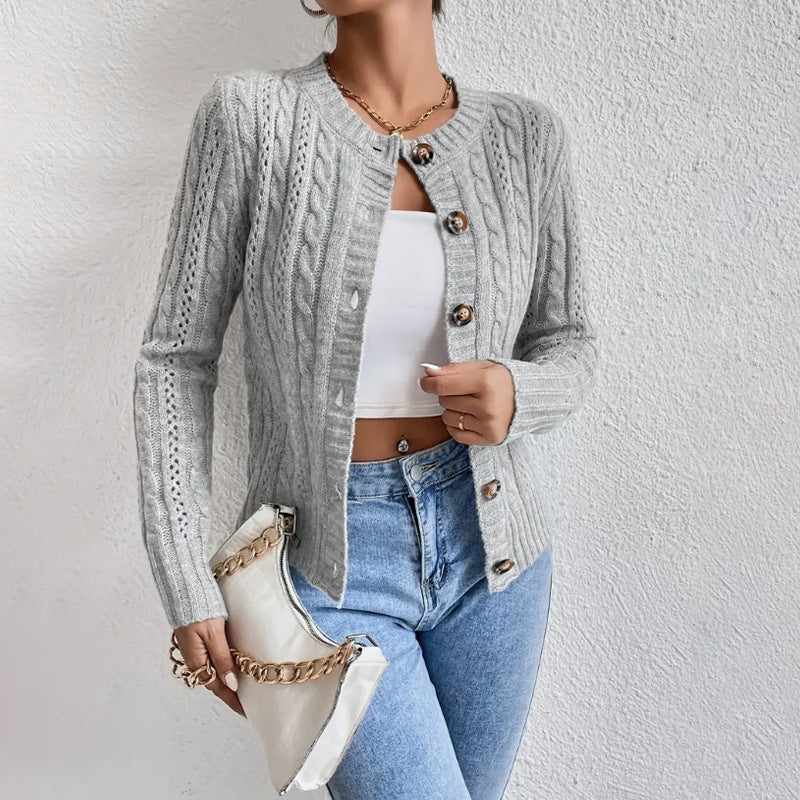 Women's Cable Knit Cardigan Relaxed Fit Ribbed Trim Beige - VibreMode