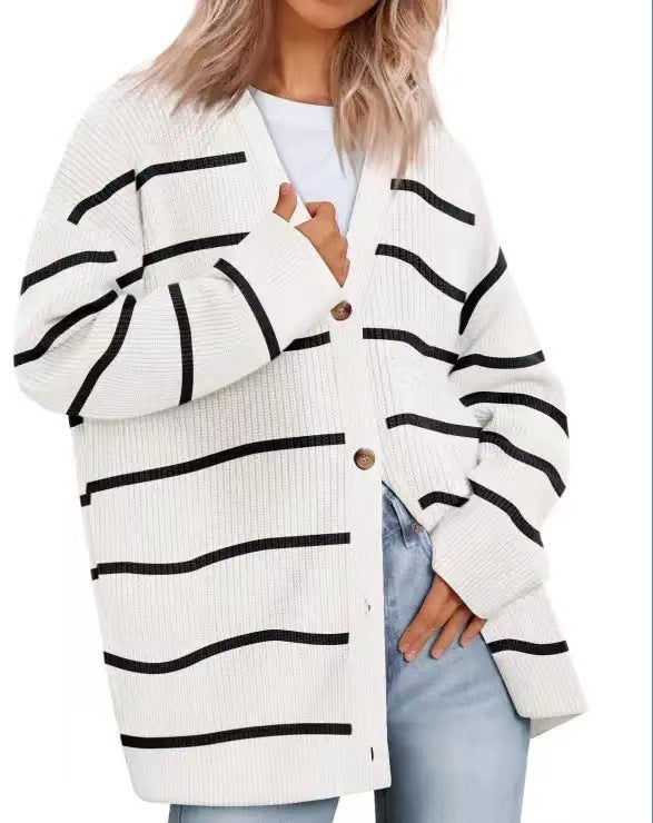 Women's Striped Knit Cardigan Sweater Relaxed Fit