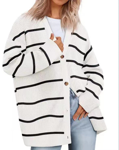 Women's Striped Knit Cardigan Sweater Relaxed Fit