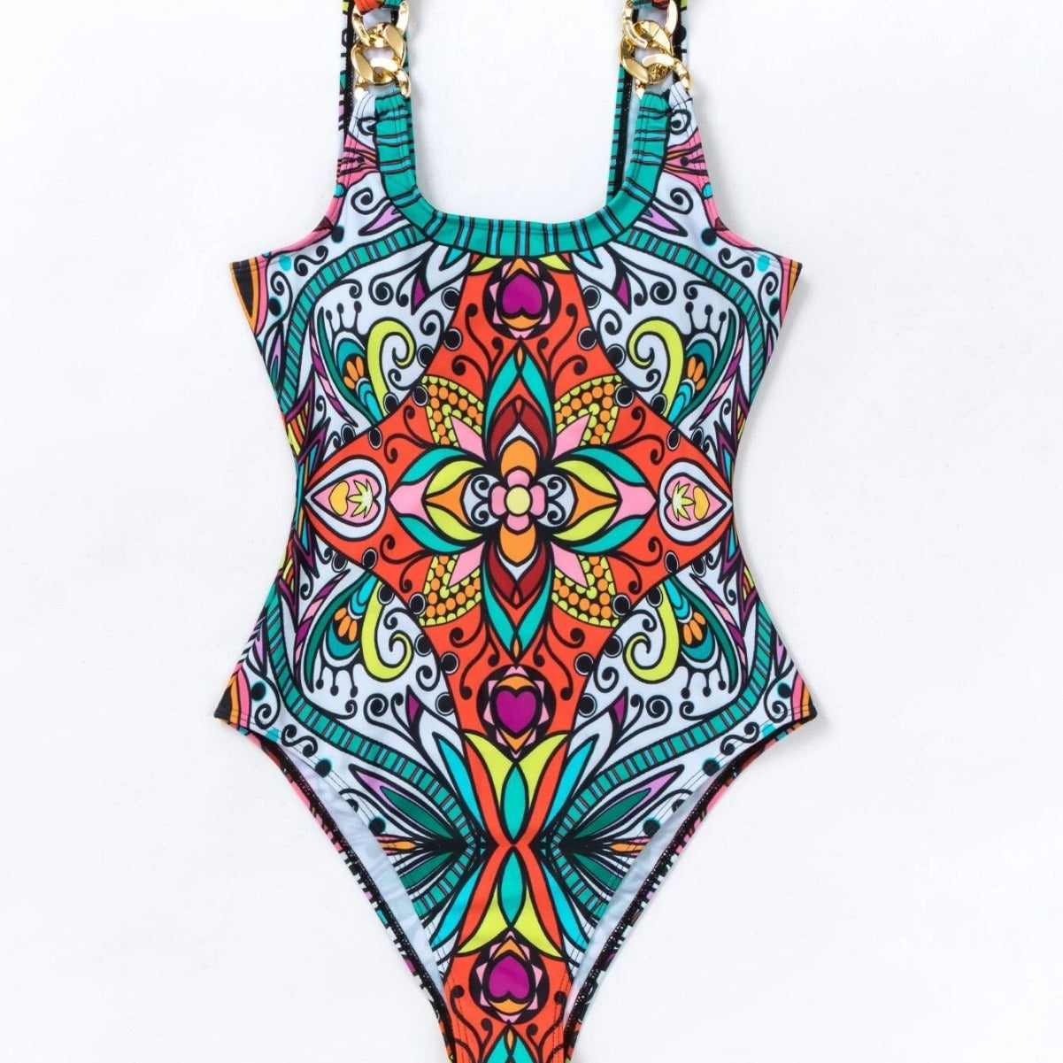 Women's Printed One-Piece Swimsuit Square Neck Gold Ring Strap