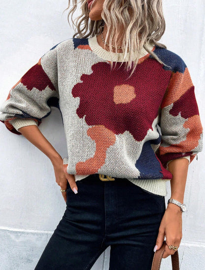 Women's Patterned Knit Sweater Round Neck Balloon Sleeves
