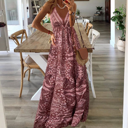 Women's Elegant V Neck Flowy Maxi Dress