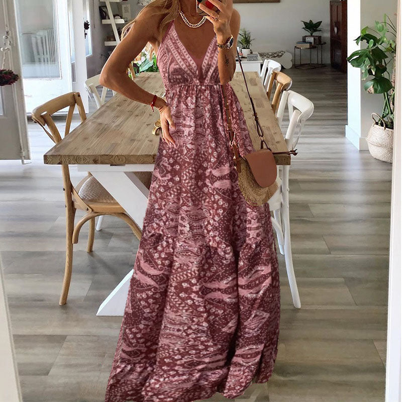 Women's V Neck Maxi Dress Flowy Boho Style