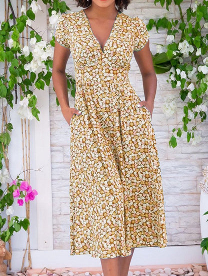 Women's V-Neck Midi Dress Short Sleeves