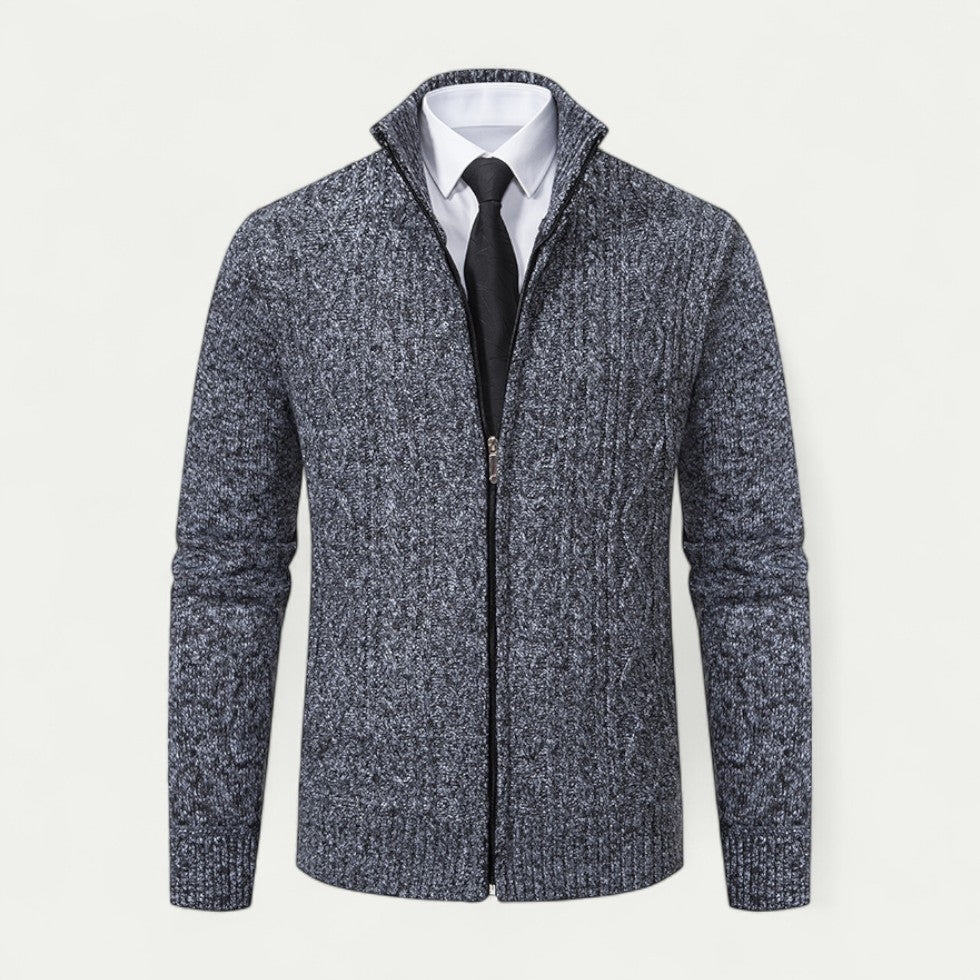 Men's Cable-Knit Zip-Up Cardigan Ribbed Hem High Collar
