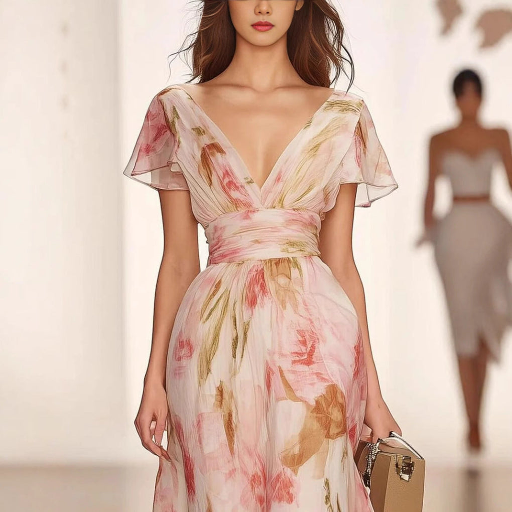 Women's Fit and Flare Maxi Dress Flutter Sleeve
