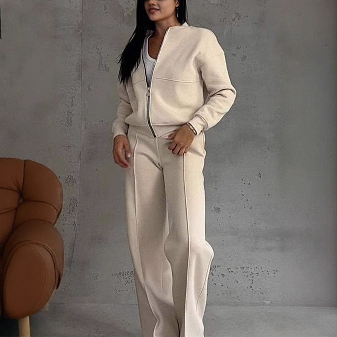 Women's Zipper Jacket And Wide Leg Pants Set