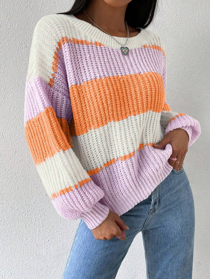 Women's Striped Crew Neck Sweater Long Sleeves Cozy Knit