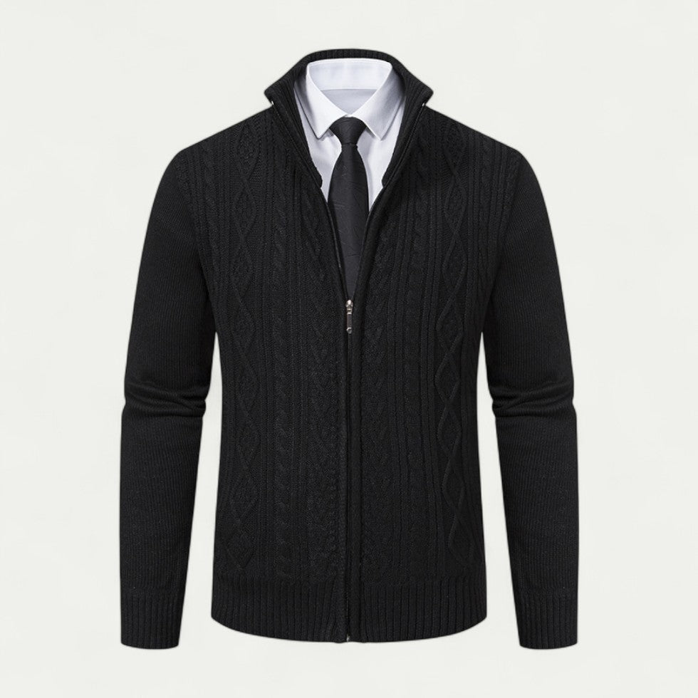 Men's Cable-Knit Zip-Up Cardigan Ribbed Hem High Collar