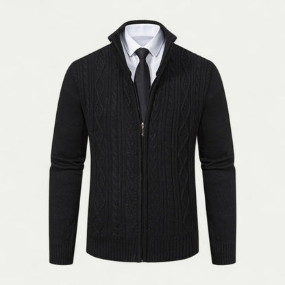 Men's Cable-Knit Zip-Up Cardigan Ribbed Hem High Collar