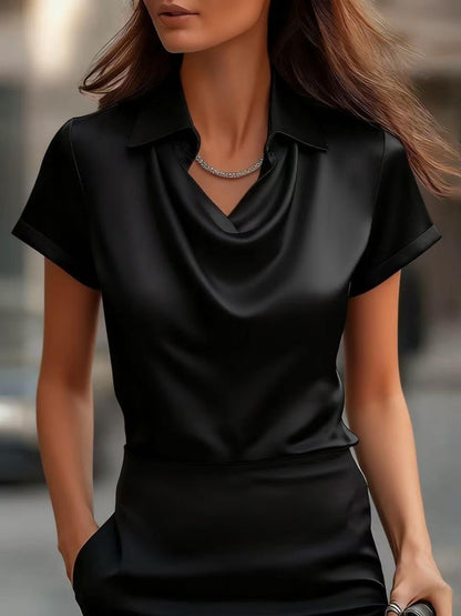 Women's Satin Blouse Cowl Neck Cuffed Sleeves