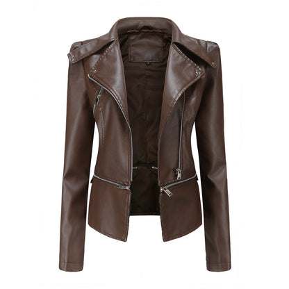 Women's Leather Motorcycle Jacket Zippered Black