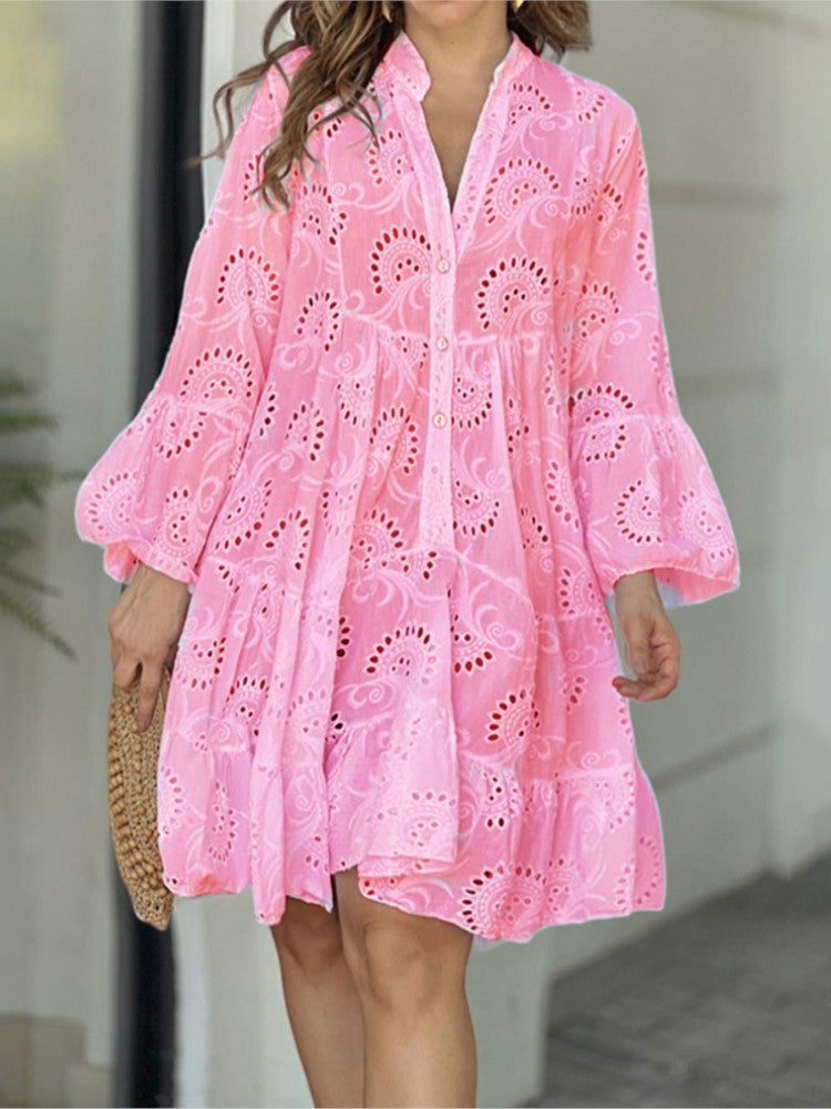 Women's Eyelet Mini Dress Bell Sleeves