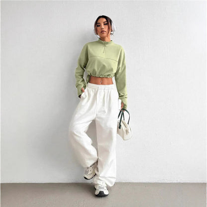 Women's Cropped Zip Neck Sweatshirt Balloon Sleeves