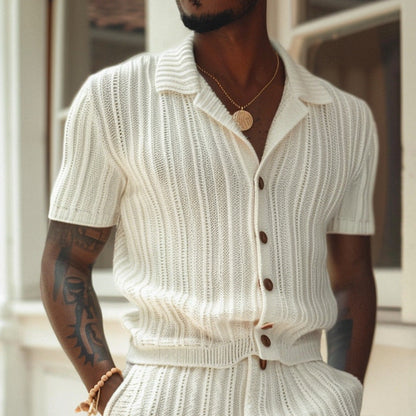 Men's Knit Shirt And Shorts Set Slim Fit Ribbed Texture