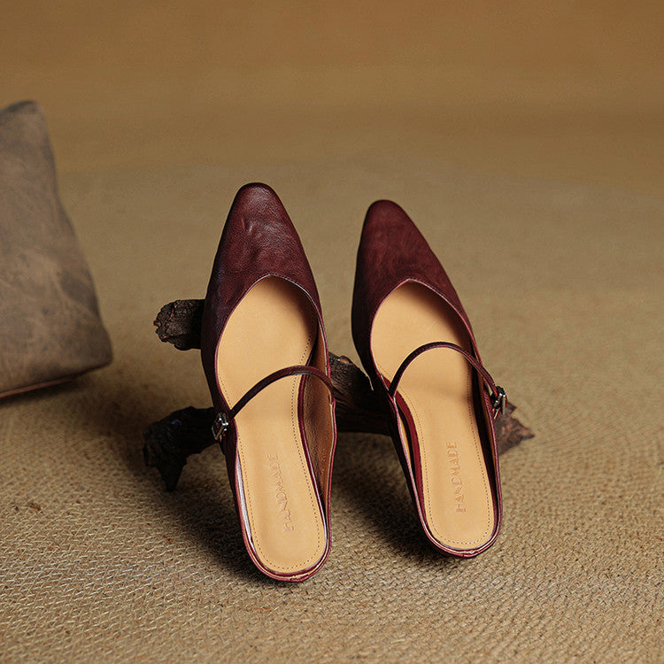 Women's Pointed Toe Flat Mules Single Strap Buckle Black