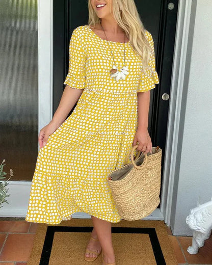 Women's Midi Dress Dot Print Ruffle Sleeves Round Neckline